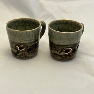 Somayaki Crackle Green Glaze Dbl Wall Gold Hearts/Horse Mugs Cups Set/2 VTG EUC